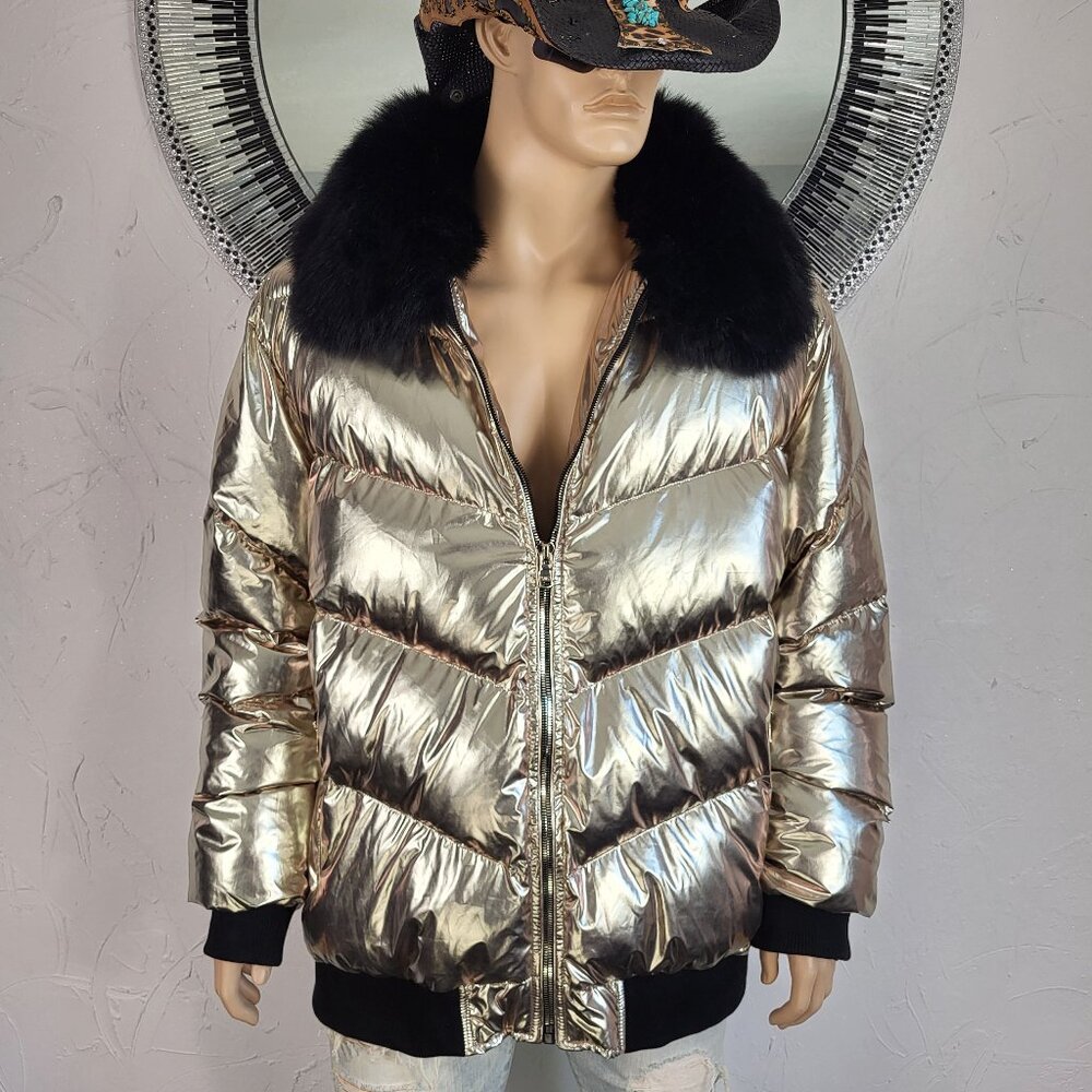 NWT~$165~JORDAN CRAIG~2XL/3XL~MENS GOLD BLACK FUR BOMBER JACKET PUFFER COAT